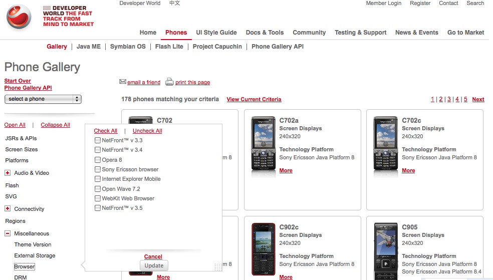 Almost every manufacturer website for developers allows you to filter the devices by features, such as the browser used. This is the Sony Ericsson Phone Gallery.