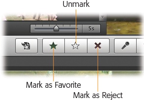 The three icons identified here let you “paint” portions of your Event browser filmstrips with green highlighting (meaning “favorite”) or red highlighting (“reject”). You don’t have to select and then click the button.
