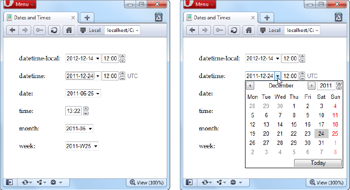 The <input> boxes look slightly different when storing date and time information (left). But the real convenience that Opera provides is the drop-down calendar that lets you set these values with a proper date, and no formatting headaches (right).