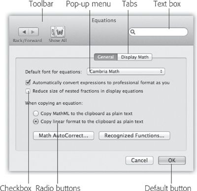 Knowing what you’re doing on the Mac often requires knowing what things are called. Here are some of the most common on-screen elements. They include checkboxes (turn on as many as you like) and radio buttons (only one can be turned on in each grouping).Press Return is usually the same as clicking the default button—the lower-right button that almost always means “OK, I’m done here.”