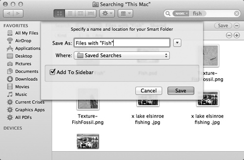 Mac OS X can preserve your search as a smart folder listed in the Sidebar (lower left)—at least, it does as long as Add to Sidebar is turned on. You can stash a smart folder in your Dock, too, although it doesn’t display a stack of its contents, as normal folders do.