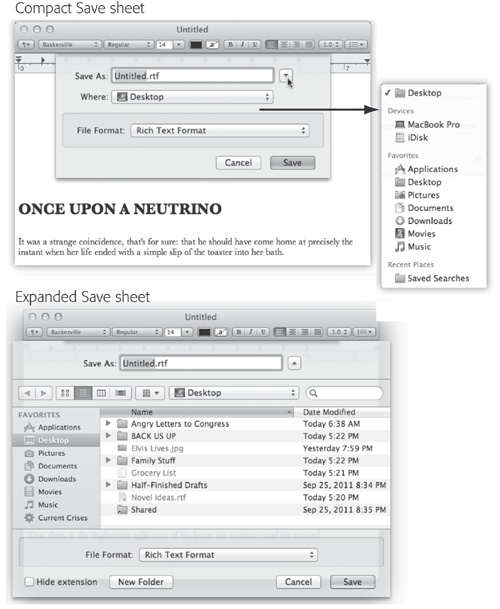 Top: The Save dialog box, or sheet, often appears in its compact form.Right (inset): If you open the Where pop-up menu, you’ll find that Mac OS X lists all the places it thinks you might want to save your new document: on the hard drive, in a folder you’ve put into your Sidebar, or into a folder you’ve recently opened.Bottom: If you want to choose a different folder or create a new folder, click the button indicated by the cursor above to expand the dialog box. Here, you see the equivalent of the Finder—with a choice of icon, list, or column view. Even the Sidebar is here, complete with access to other disks on the network.