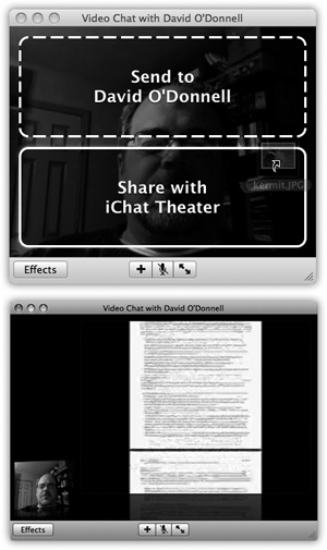 Top: You can start an iChat Theater session by choosing File→Share a File with iChat Theater, or as shown here, by simply dropping the file on an open video chat window and going for the iChat Theater option.Bottom: Once you’ve started a Theater show in iChat, the shared file takes center stage so you both can look at it and discuss amongst yourselves.