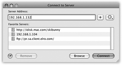 The Connect to Server dialog box lets you type in the IP address for the shared Mac you want to access. (Ensuring that the shared Mac is turned on and connected to the Internet is the network administrator’s problem.)
