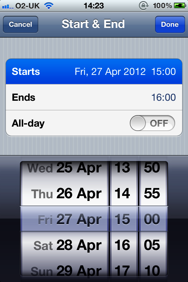 A date picker shown at the bottom of the screen
