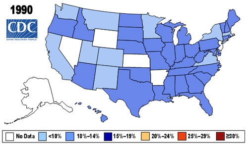A map showing annual obesity rates for each state in 1990.