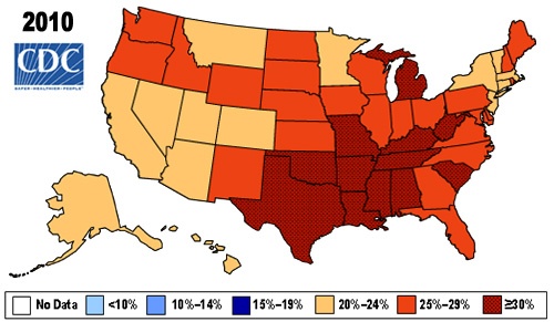 A map showing annual obesity rates for each state in 2010.