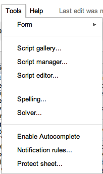The tools menu has several options for managing scripts.