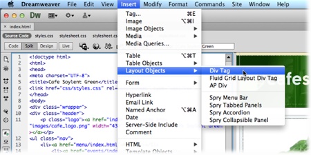 When you read “Choose Insert→Layout Objects→Div Tag” in a Missing Manual, that means, “From Dreamweaver’s menu bar, click the Insert command. From the drop-down menu that appears, select the Layout Objects command. That opens a list of elements you can add to the currently open document; select Div Tag from that list.”