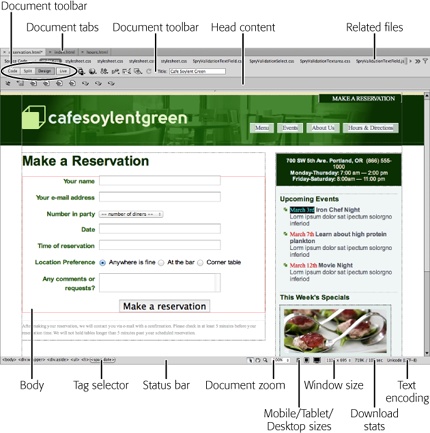 A document window like this represents a web page in progress; here’s where you add text, graphics, and other objects as you build the page. The status bar at the bottom of the window provides some useful information, like how quickly the page will download to a browser and the way the page encodes text. You can also instruct Dreamweaver to display the current document at different widths and heights so you can simulate what the page will look like when viewed in different size browsers, such as those on a mobile phone, tablet, or desktop computer.