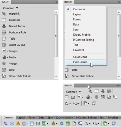 The Insert panel has many faces; choose the one that works best for you. Normally, the panel displays page elements under each of its drop-down menus in a single list with an icon and a name—for example, the picture of an envelope and the label “Email Link” (top left). Unfortunately, this tall list takes up a lot of screen real estate. You can display the Insert panel’s buttons in a more compact way by hiding the labels. When you choose Hide Labels from the panel’s category drop-down menu (top-right image), Dreamweaver displays the icons side by side in rows, taking up a lot less space (middle-right image). Finally, you can turn the Insert panel into an Insert bar that appears above the document window instead of grouped with the right-hand panels; this space-saving option is a favorite among many web developers. To get the Insert toolbar, either drag the Insert panel under the Application bar or choose Window→Workspace Layout→Classic (see Figure 1-7).