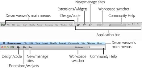 Dreamweaver’s Application bar looks slightly different on Windows PCs (top) and Macs (bottom).