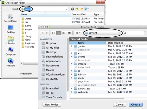 The dialog box for selecting a folder in Windows (top) is pretty much the same as the one for Macs (bottom). You can verify which folder you’re about to select by looking in the Select field for Windows (circled in top image) or in the path menu on Macs (circled in bottom image).