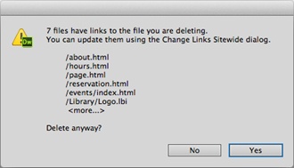 When you delete files in the Files panel, Dreamweaver tells you if other pages link to the file. If they do, you need to repair the links. Dreamweaver makes that easy via the Change Links Sitewide command (see “Changing a Link Throughout a Site” on page 771)—and it reminds you of the feature in this dialog box.