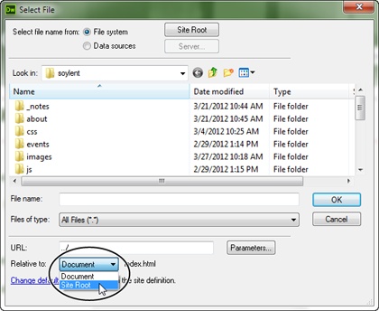 In Windows, use the Select File dialog box to browse your computer to select the target file for a link. When you set up your site, you can tell Dreamweaver whether to use document- or site root-relative links. However, if you ever find the need to temporarily switch to a different type of link (to a root-relative link, for example, if you set up your site to use document-relative links), use the “Relative to” drop-down menu (circled). You probably won’t ever need to do this, but Dreamweaver gives you the option.