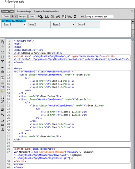 Under the hood in Code view, Dreamweaver inserts three chunks of code (outlined) when you add a Spry menu. The first attaches two external files to your page: a JavaScript file with the programming that makes the drop-down menus appear and disappear and an external style sheet with the CSS styles that format the menu buttons. The middle chunk is an HTML unordered list (the <ul> tag) which contains all the links that make up the menu items for the navigation bar; the last chunk is a couple of lines of JavaScript programming that gets the menu bar in shape when the page loads into a web browser.