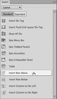 Four buttons in the Layout category of the Insert panel make it easy to add columns and rows. They also make it easy to control where a new row or column goes—a feat not possible with a simple keyboard shortcut.