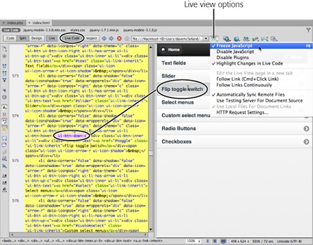 Dreamweaver’s Live view lets you preview interactive effects, such as those in the jQuery mobile page pictured here. In Live view, clicking a menu item shows you how the menu will behave in a real web browser. If you want to inspect the HTML the click creates, hit the F6 key—in this example, the drop-down menu sticks in place, and you can inspect the code using Live Code.