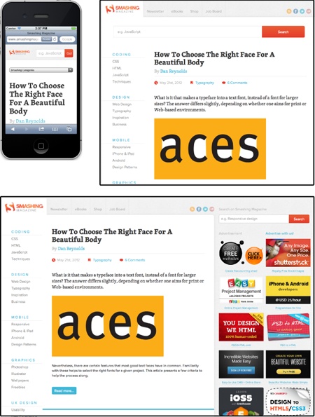 The web design site Smashing Magazine (), uses responsive Web design to customize the site’s layout for phones (top left), tablets (top right), and desktop browsers (bottom). Each device receives the same HTML file, but CSS media queries direct different CSS to each device, creating unique layouts appropriate to the devices’ browser window widths.