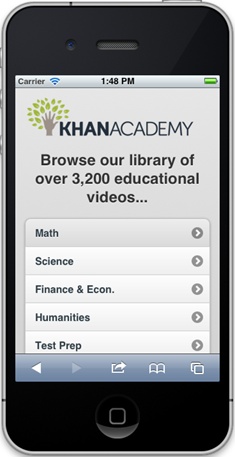 Unlike a regular website, a jQuery Mobile site, like this one for the educational site Khan Academy (www.khanacademy.com), replicates the screen elements found in phone applications.