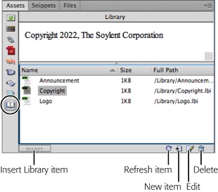 The Assets panel’s Library category lists the name, file size, and location of each Library item in the currently open site. When you select an item from the list, you see a small preview. In this example, the Library item “Copyright” is, shockingly, a copyright notice.