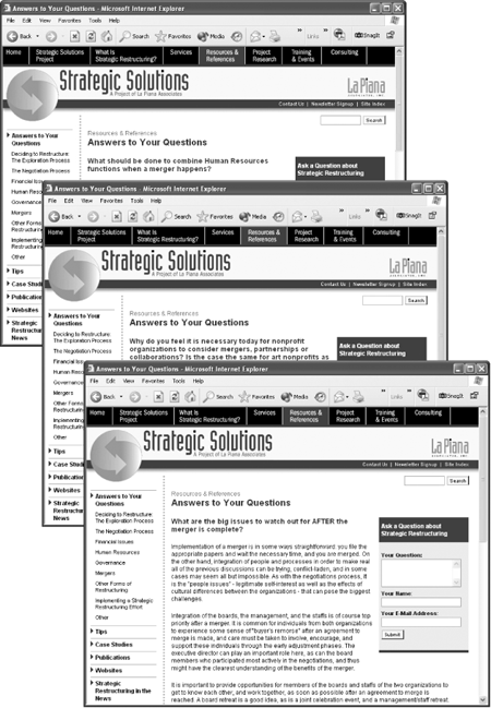 These three web pages are part of a section of a website dedicated to frequently asked questions. Each page provides the answer to a different question, but they’re otherwise identical, sharing the same banner, navigation buttons, sidebar, and footer. Why rebuild the design for each one? Enter one of Dreamweaver’s great timesaving features—templates—which help you quickly build similar-looking pages, and make updating page designs a snap.