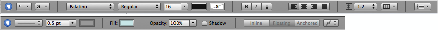 The Format Bar contains basic formatting tools that change based on your selection, like text (top) and graphics (bottom).