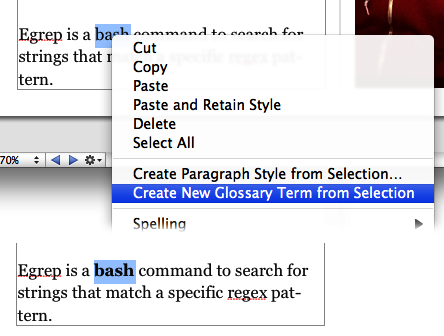 Right-click or control-click a word in your book and choose “Create New Glossary Term from Selection” to create a new glossary term. The word turns bold to show that it’s been added to the Glossary. Click the term again to jump straight to the Glossary and add a definition.