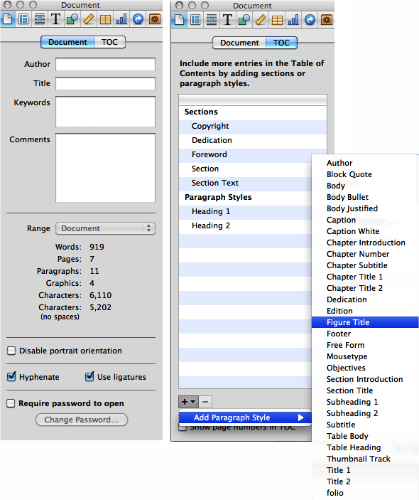 Add basic book details and customize the Table of Contents in the Document Inspector.