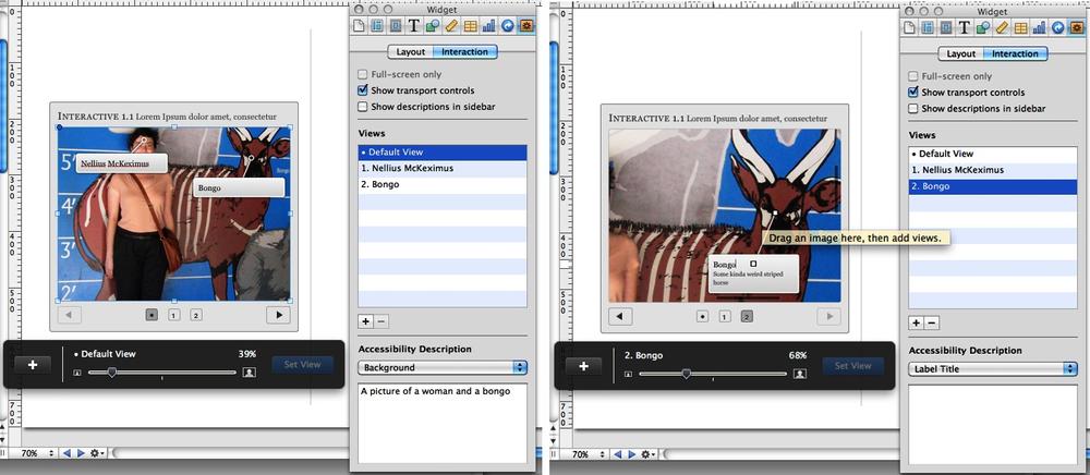 With interactive images, you can guide your readers through different parts of a large image, giving them details along the way. Here you see the default view for an interactive image (left) and the view for one of the labels (right).