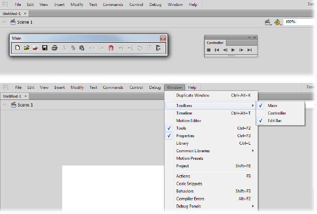 Top: To conserve space on Flash’s jam-packed desktop, only one toolbar—the Edit bar—appears automatically. It’s positioned directly above the stage. To display the other two, select Window→Toolbars→Main (to display the Main toolbar, Windows only) and Window→Toolbars→Controller (to display the Controller window).Bottom: The checkmarks on the menu show when a toolbar is turned on. Choose the toolbar’s name again to remove the checkmark and hide the toolbar.