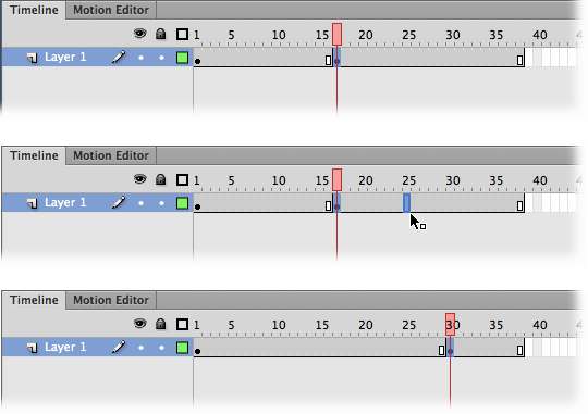 Top: Click to select the frame you want to move, and then let go of your mouse. Then drag to move the frame.Middle: As you make the move, Flash displays a highlighted frame, or a group of frames if you selected more than one.Bottom: Here you can tell the frame moved to Frame 30 because the keyframe and end frame indicators have disappeared from their original locations (Frames 16 and 17) and reappeared in their new locations (Frames 29 and 30).