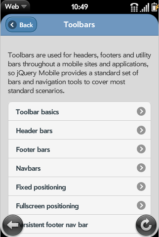 A typical jQuery Mobile webapp with standard theming in smartphones, a webOS device in this case
