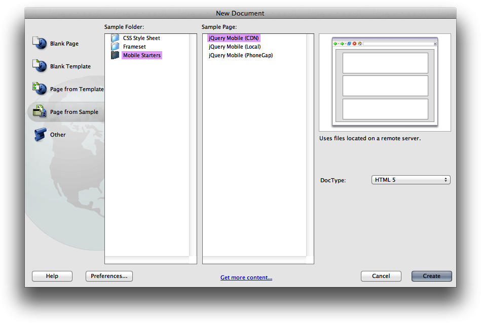 Dreamweaver from CS5.5 supports jQuery Mobile templates from scratch.