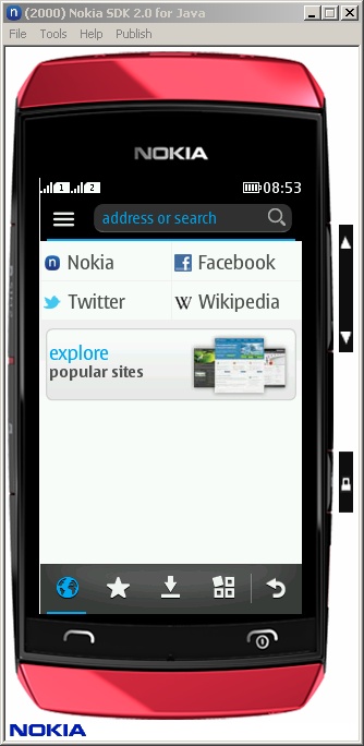 A touch-based browser running in a Nokia S40 emulator—if you use File→Open, you must type http:// first.