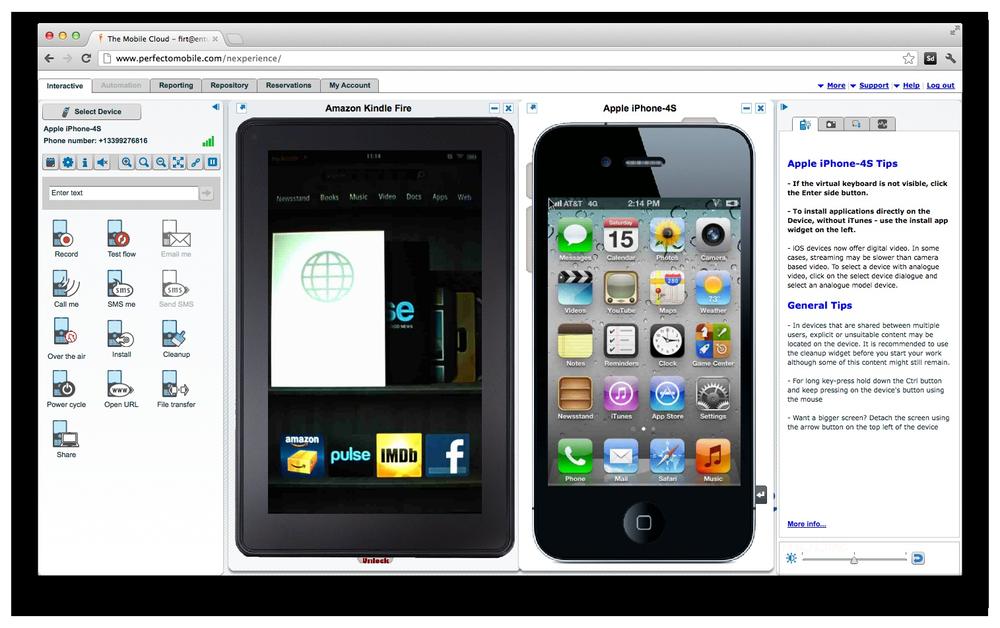 With Perfecto Mobile you can manage real phones (here, a Kindle Fire and an iPhone 4S) with a Flash-compatible desktop browser.