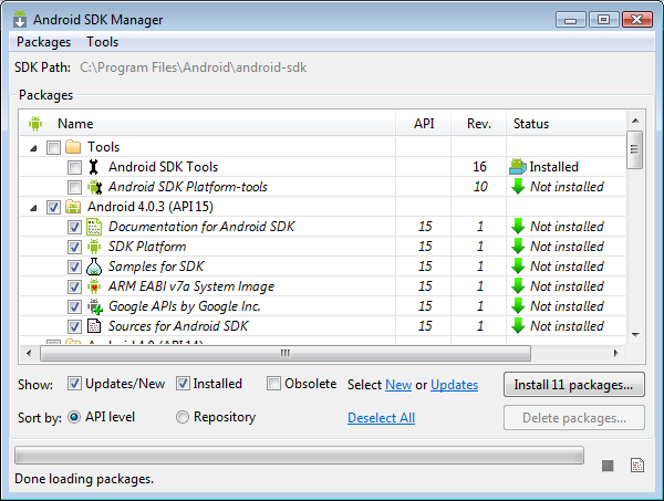 Android SDK Manager, showing installed and downloadable components