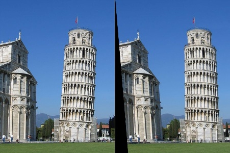 Left: The original leaning tower; Right: The repaired version of the tower
