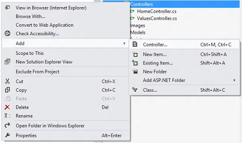 Visual Studio context menu for adding a new controller