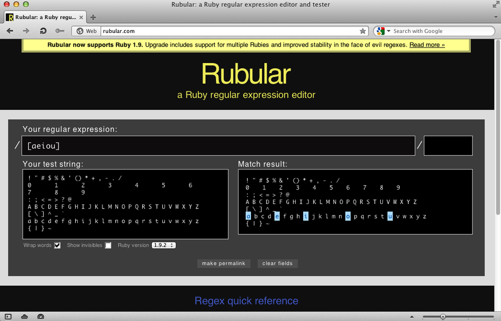 Character class with Rubular in the Opera browser