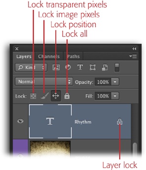 Use these buttons to protect your layers from accidental editing or repositioning. No matter which lock you apply, you’ll see the padlock icon labeled here to the right of the locked layer’s name.When it comes to layer locks, your keyboard’s forward slash key (/) acts like a switch for the last lock you applied. When a locked layer is active, tap this key once to remove that particular lock (press it again to turn that same lock back on). When an unlocked layer is active, tapping this key makes Photoshop apply the “Lock transparent pixels” lock.You can apply locks to multiple layers at the same time. Just activate the layers first by Shift- or ⌘-clicking (Ctrl-clicking on a PC) them, and then click the appropriate lock button(s) in the Layers panel.