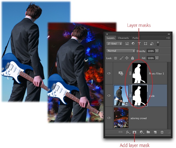 Left: Wanna be a rock star? No problem: A layer mask can make that happen. Here you can see the original, boring, blue background, as well as the new, exciting, clamoring crowd.Right: If you peek at the Layers panel, you can see that the original background wasn’t deleted—it was hidden with a mask instead. (To make the color of the guitarist and the crowd match a bit more, a Photo Filter Adjustment layer—page 336—was added that uses the same mask.) Like layer thumbnails, a mask’s thumbnail is an exact miniature of your document.