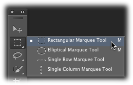 You’ll spend loads of time making selections with the Rectangular and Elliptical Marquee tools. To summon this menu, click and hold down your mouse button until the menu of additional tools appears.