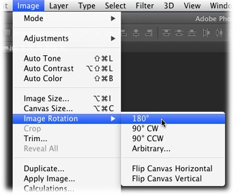 Choose Image→Image Rotation to view this handy menu of image- and document-rotation options. (Photoshop doesn’t get any simpler than this!)You can also rotate and flip images with the Free Transform command as explained in the next section.
