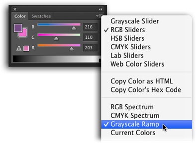 Though the Color panel stays nicely tucked out of the way in the panel dock, it’s much smaller than the Color Picker, making it a little tough to see. If your eyesight is really good, you’ll probably enjoy using it because it takes up so much less space.This panel is also customizable; you can use its menu to control what it displays. Here, the sliders are set to RGB, and the spectrum bar at the bottom is set to Grayscale.