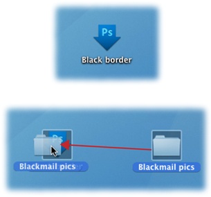 Top: A droplet looks like a big, fat, blue arrow.Bottom: To use a droplet, simply drag and drop a file or folder onto its icon, and Photoshop performs the action on the file(s).If Photoshop isn’t currently running, it launches automatically.