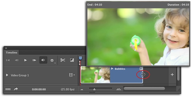 Point your cursor at the start or end point of a clip and it turns into a bracket with a double-sided arrow (circled). The direction of the bracket indicates which clip will be affected (here, the bracket faces left). Click and drag the bracket left or right and Photoshop opens the preview window shown here, which shows exactly which frame you’re trimming the video down to. Handy, eh?