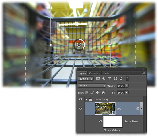 By rotating the Tilt-Shift filter’s band of focus, this speeding shopping cart stays in focus while everything to its left and right is blurred.There’s simply no end to the creative effects you can add to video using Photoshop’s amazing filters. Chapter 15 teaches you all about ’em!