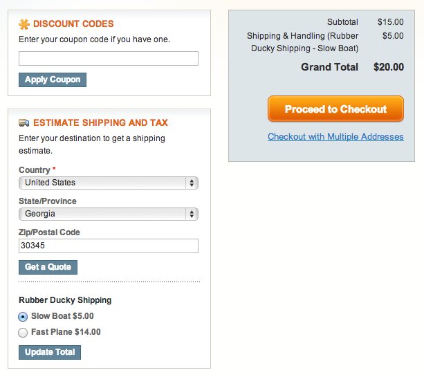 Shipping options shown on the cart