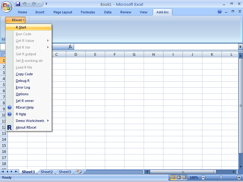 Accessing RExcel in Microsoft Excel 2007